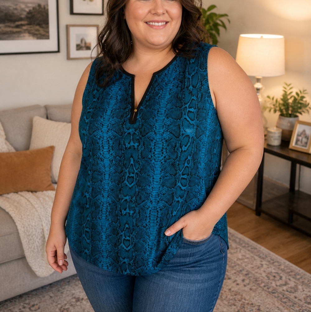 Ellen Tracy Teal Snake Print Sleeveless Blouse Camisole XXL Lightweight Top